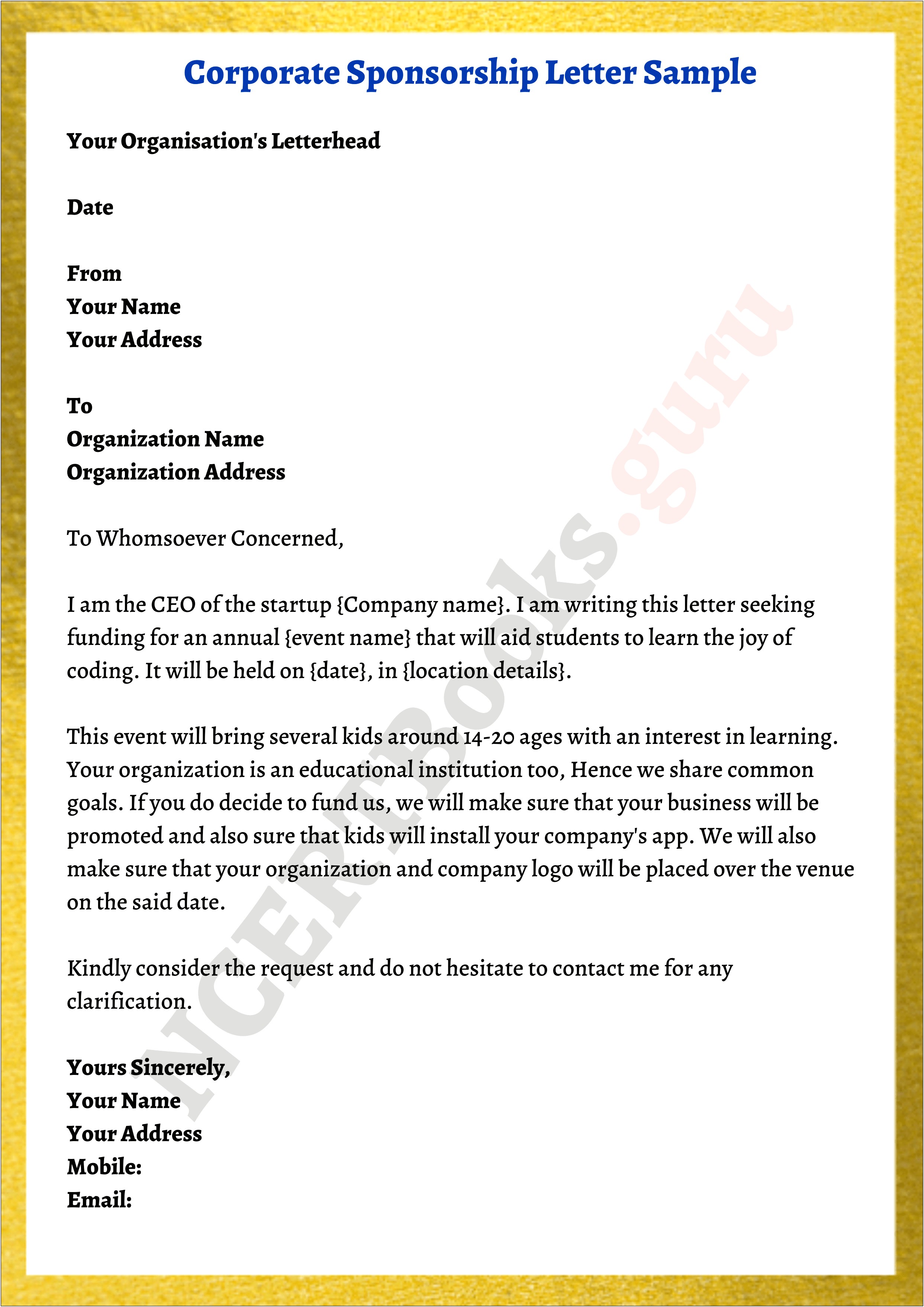 Sponsor Letter Template For College Admission