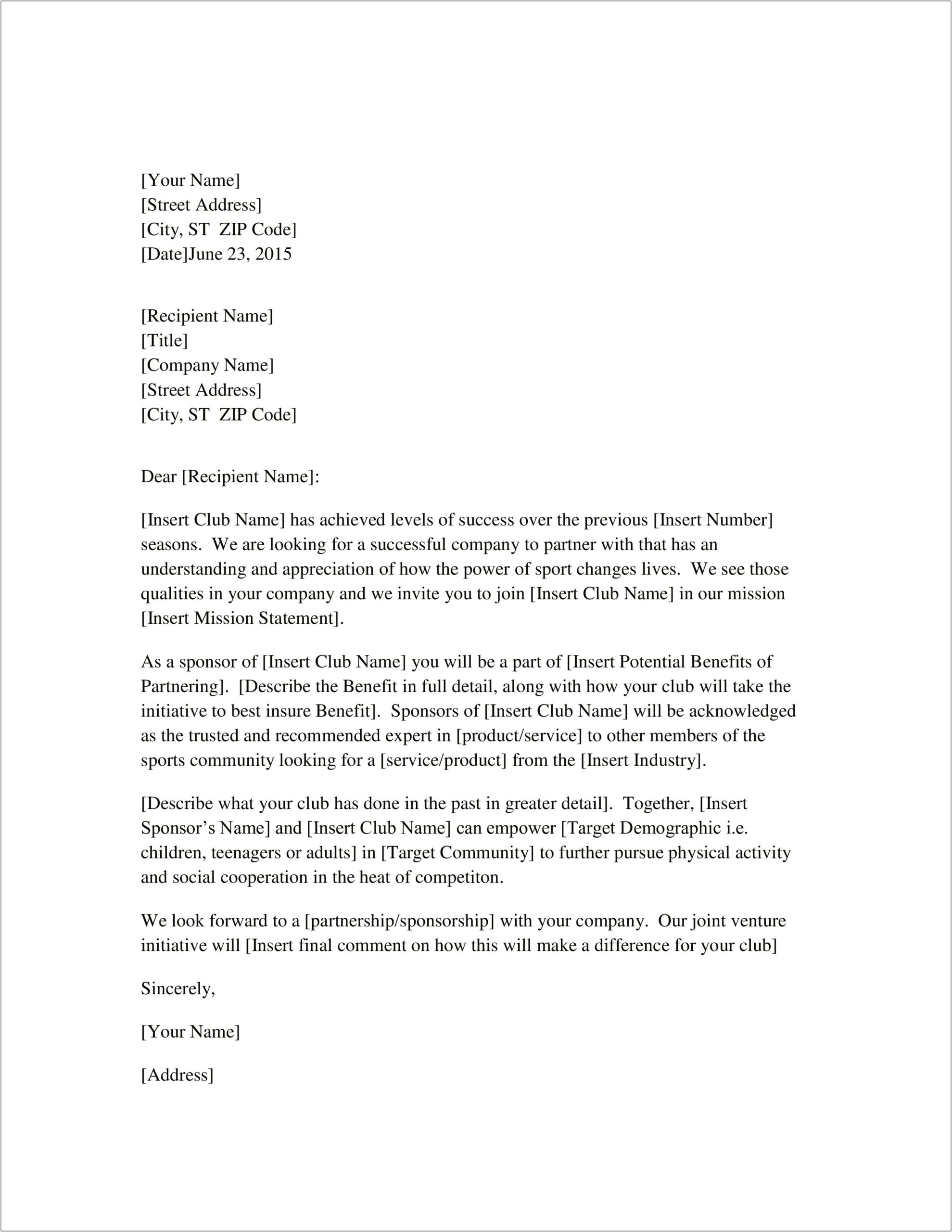 Sport Donation Letter To Businesses Template