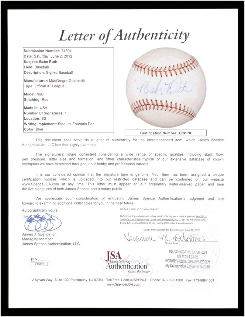 Sports Memorabilia Certificate Of Authenticity Letter Template Doc