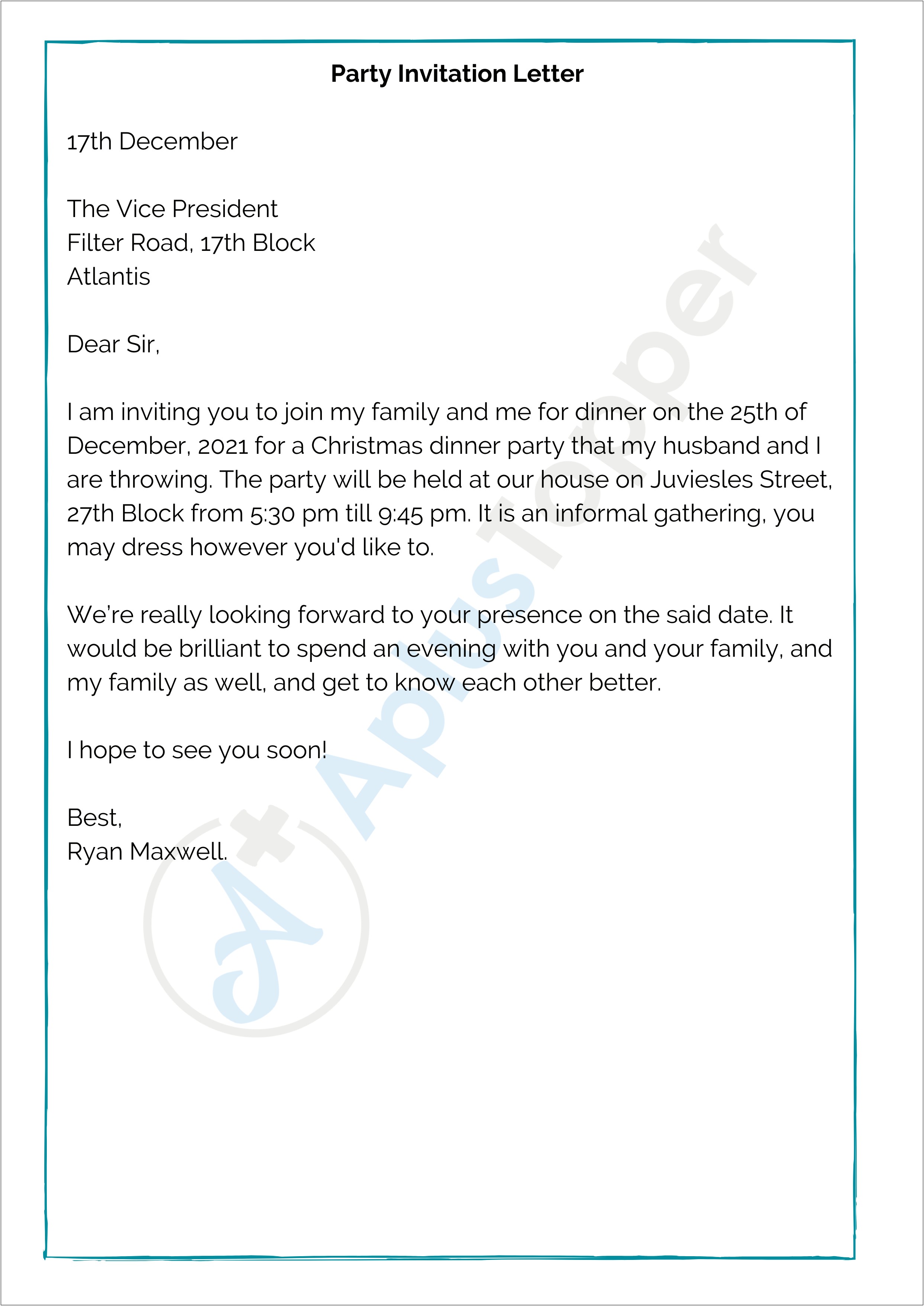 Staff Party Invitation Letter Sample Template