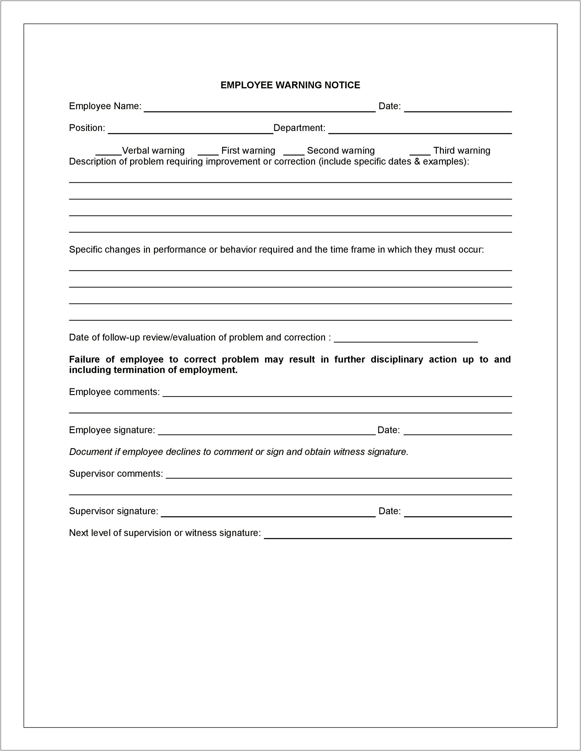 Staff Written Warning Letter Template Pdf