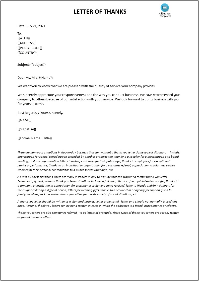 Standard Company Thank You Letter Template