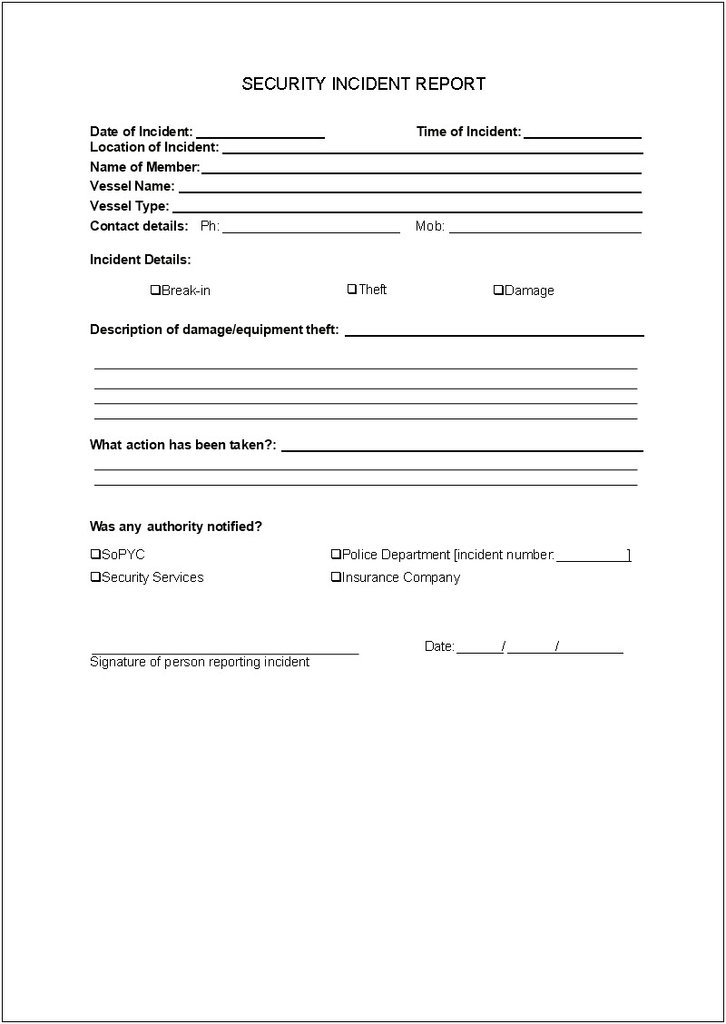 Standard Incident Report Form Template Word