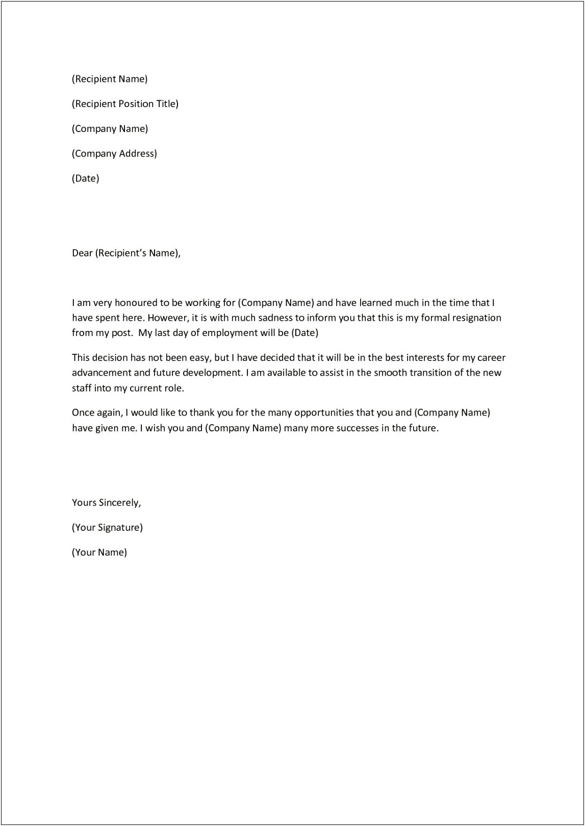 Standard Resignation Letter Template South Africa