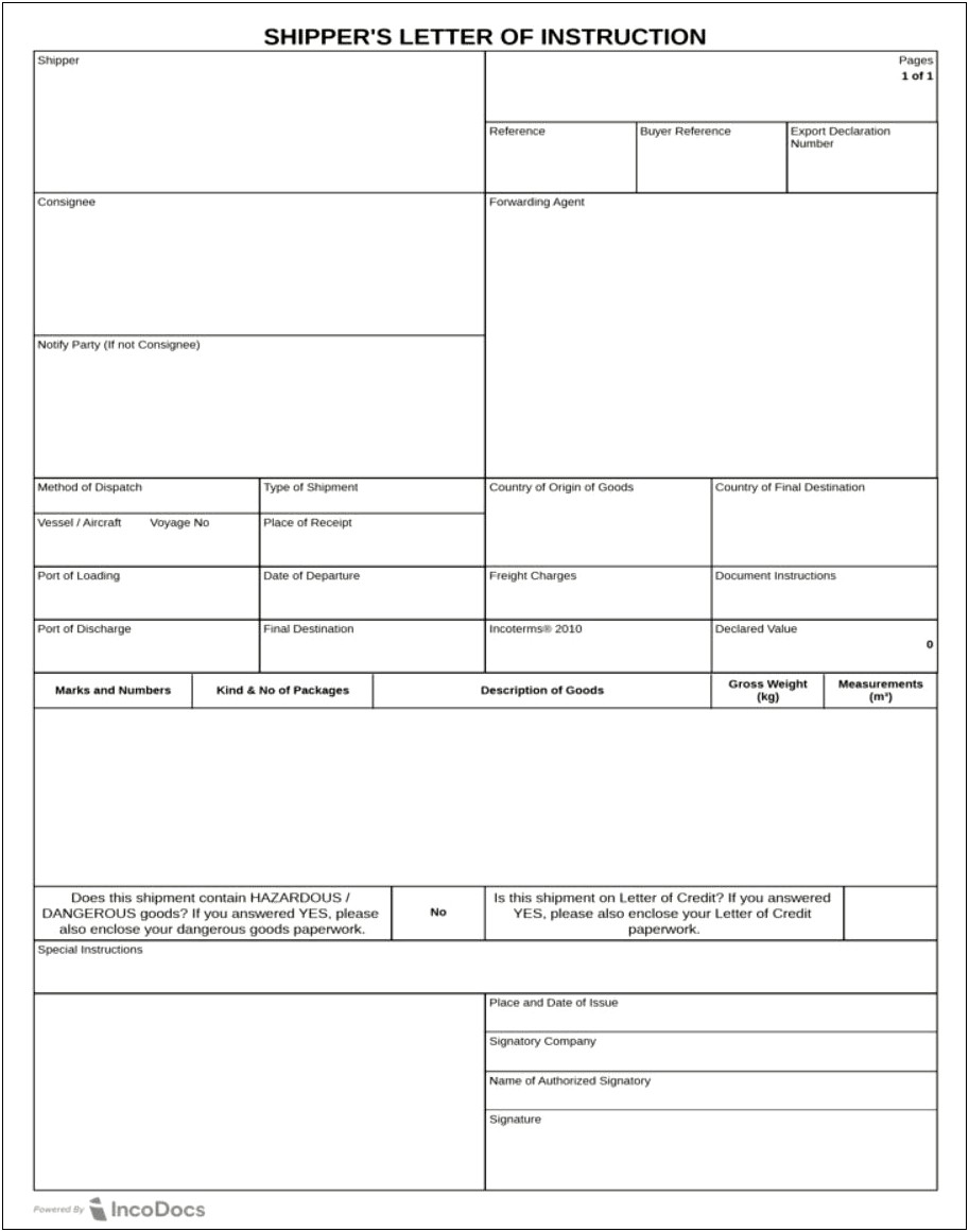 Standard Shipper's Letter Of Instruction Template