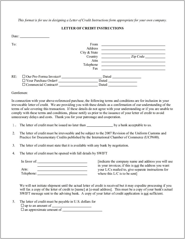 Standard Template For Letter Of Credit