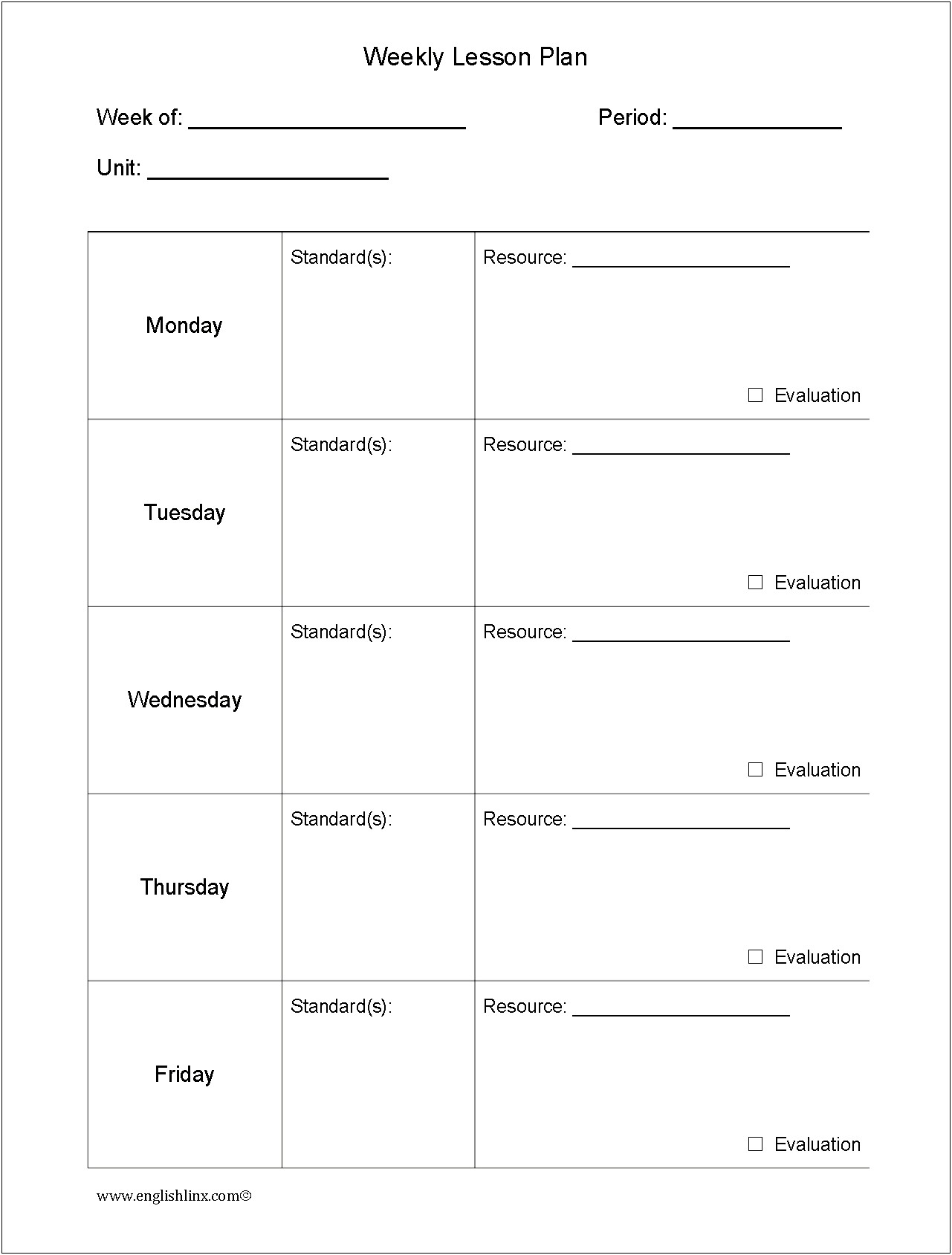 Standards Based Weekly Lesson Plan Template