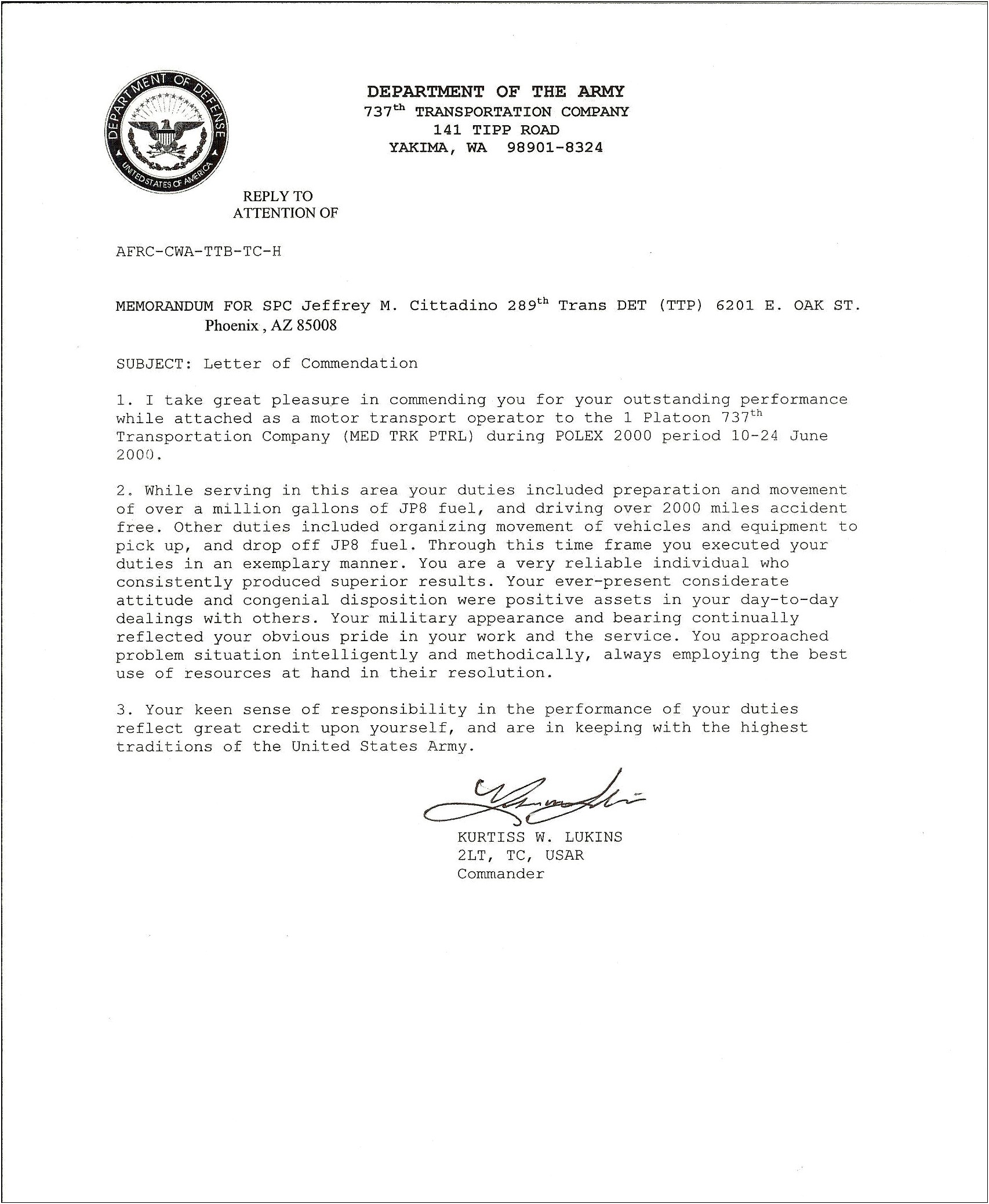 Statement Of Service Letter For Va Loan Template