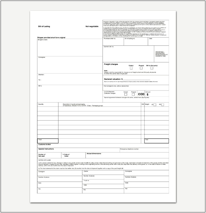 Straight Bill Of Lading Short Form Template Word