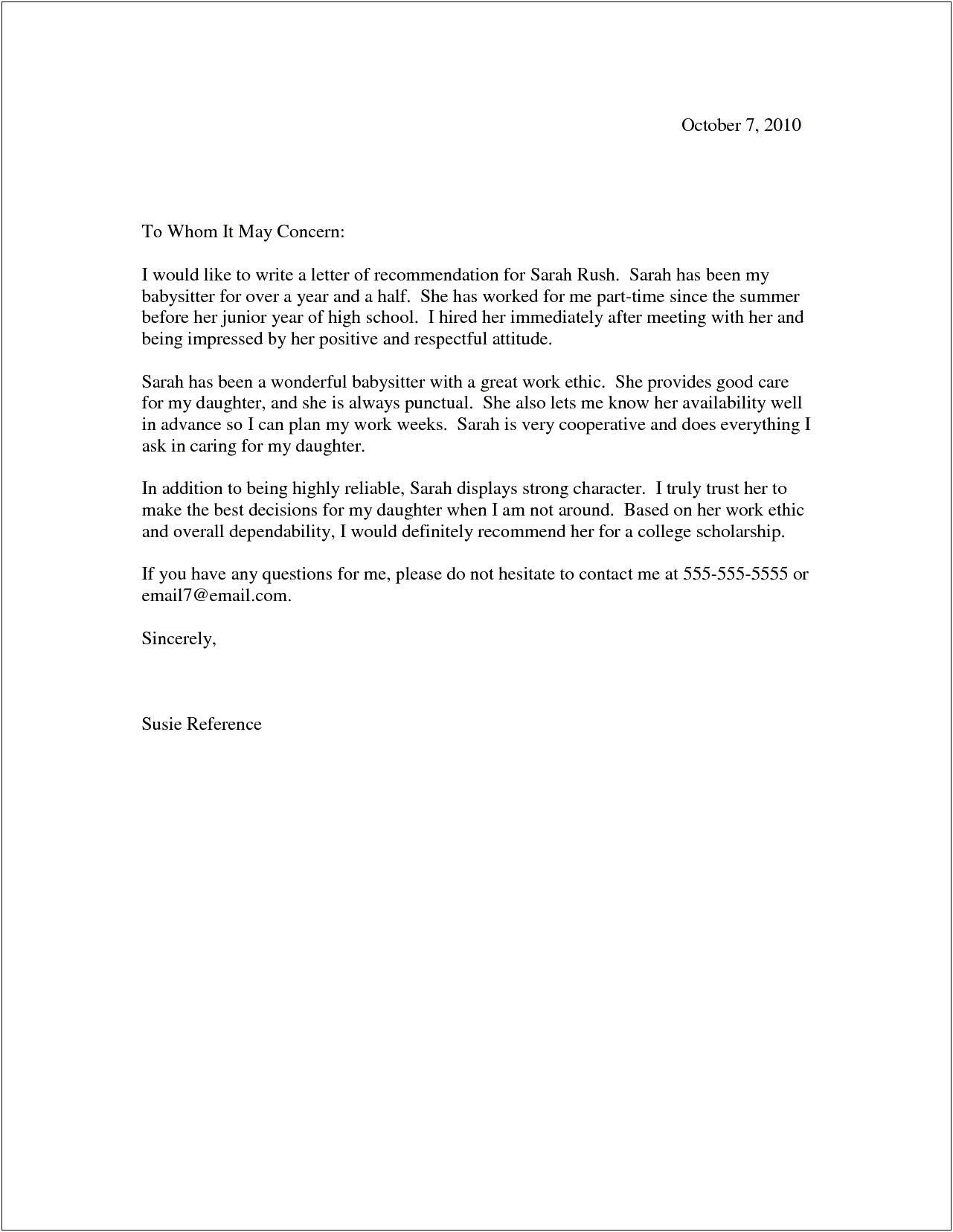 Student Reference Letter From Teacher Templates