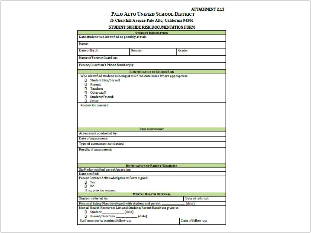 Student Signed Suicide Prevention Plan Template