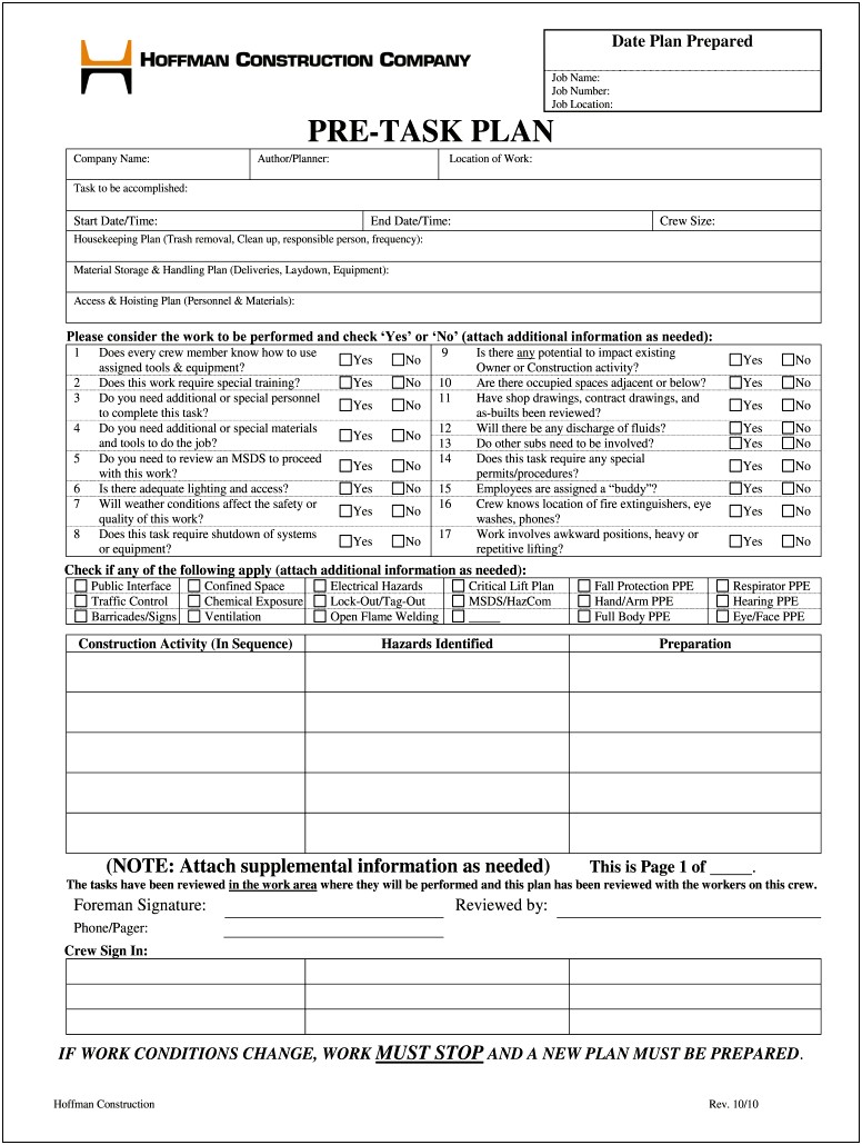 Sub Contractor Pre Task Plan Template