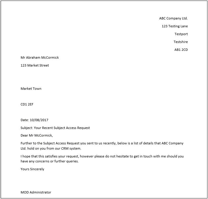 Subject Access Request Letter Template Gdpr