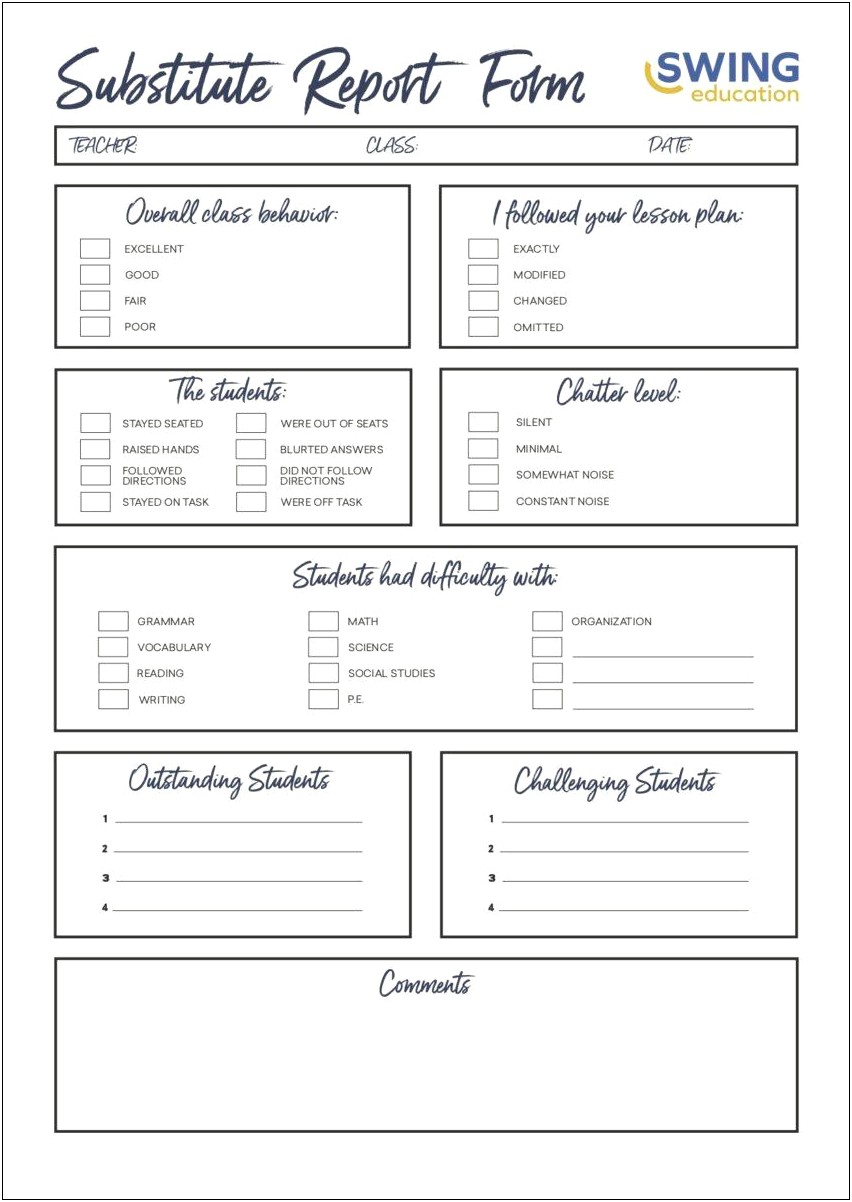 Substitute Lesson Plan Template For Middle School