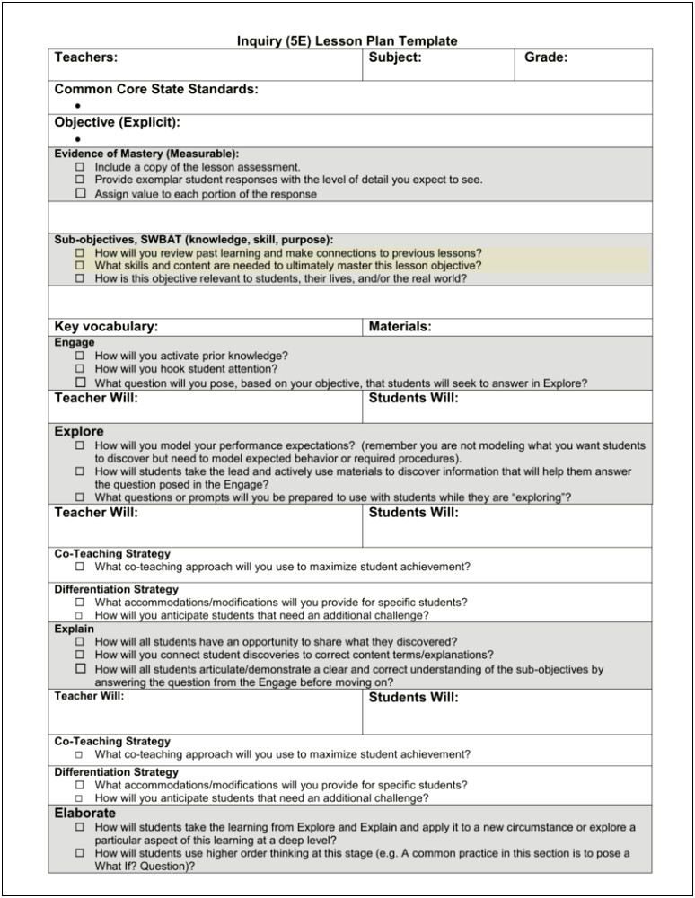 Substitute Lesson Plan Template Middle School