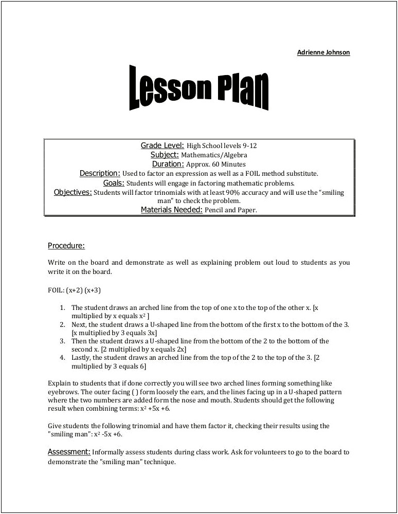 Substitute Lesson Plans For High School Template