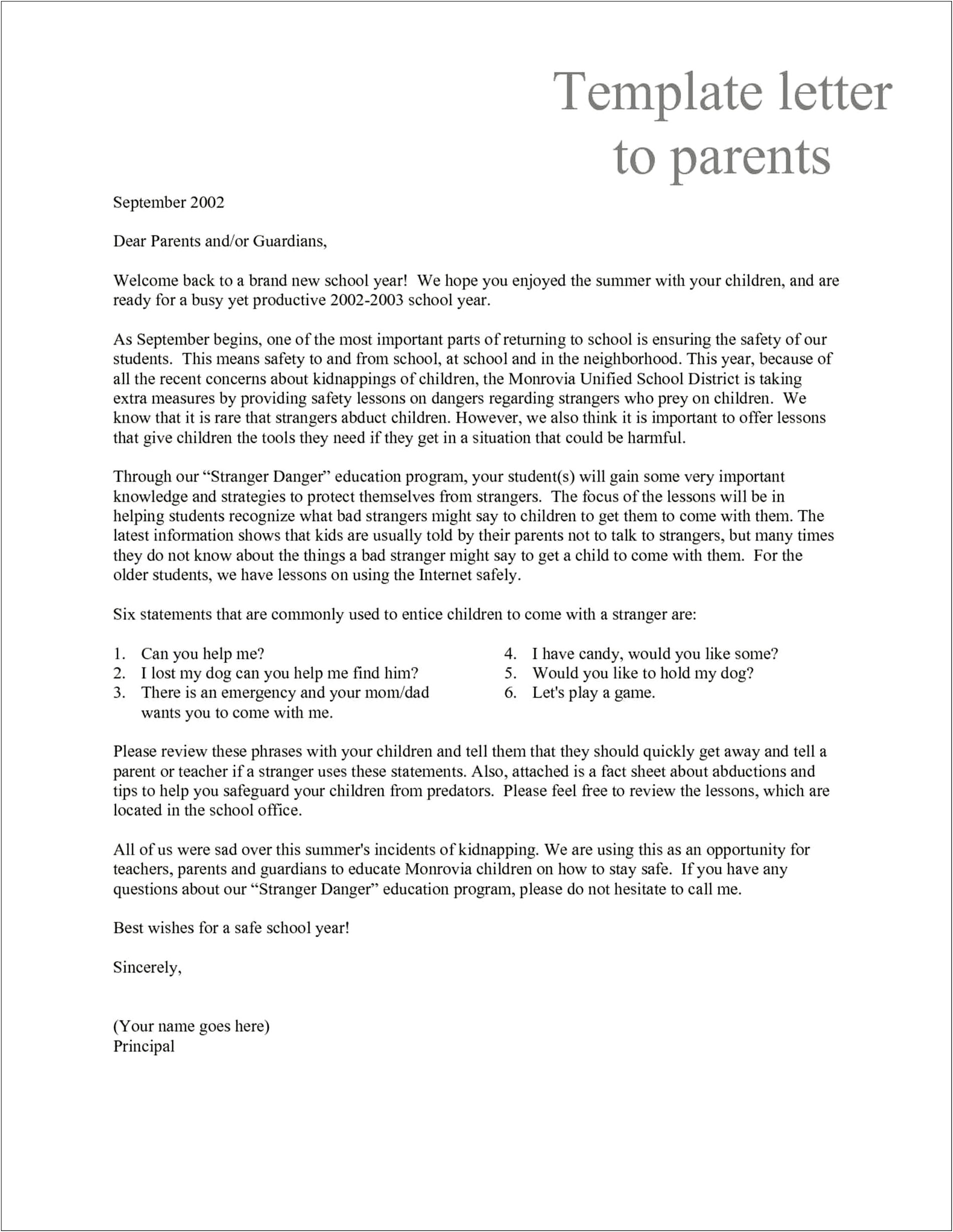 Summer School Letter To Parents Template