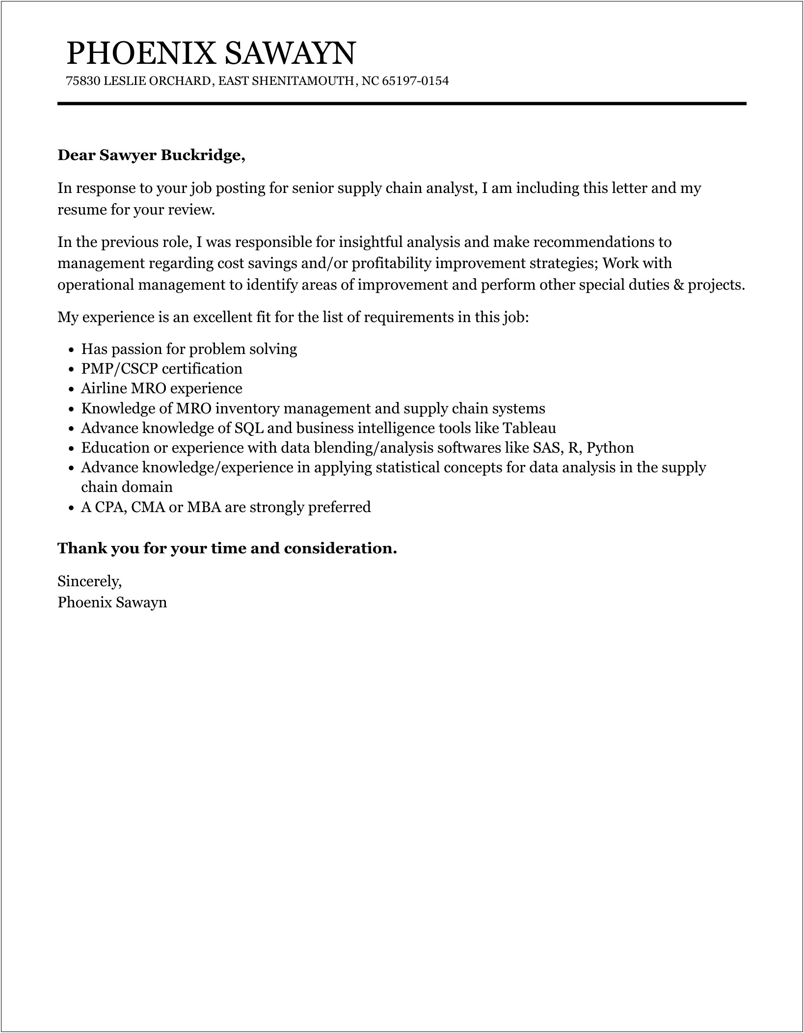 Supply Chain Analyst Cover Letter Template