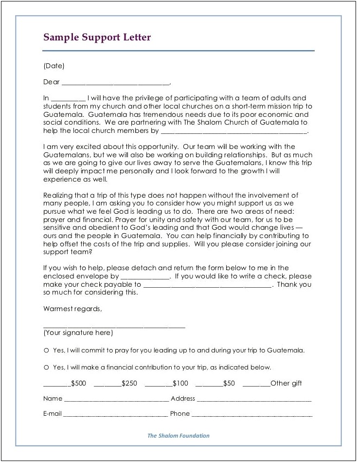 Support Letter Template For Mission Trip