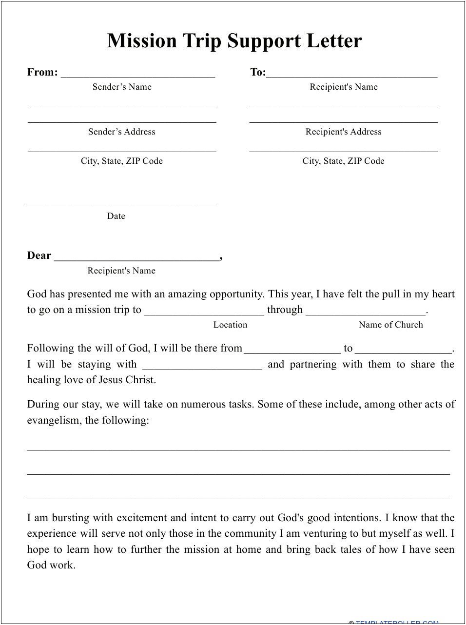 Support Letter Template For Mission's Trip