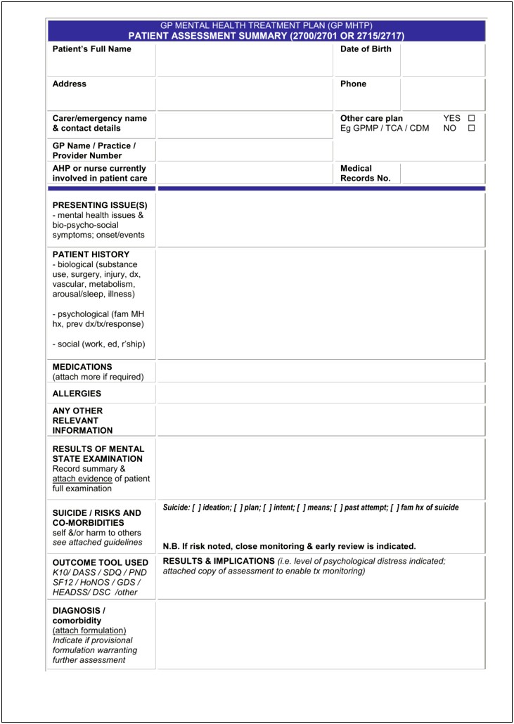 Support Plan Template For Mental Health