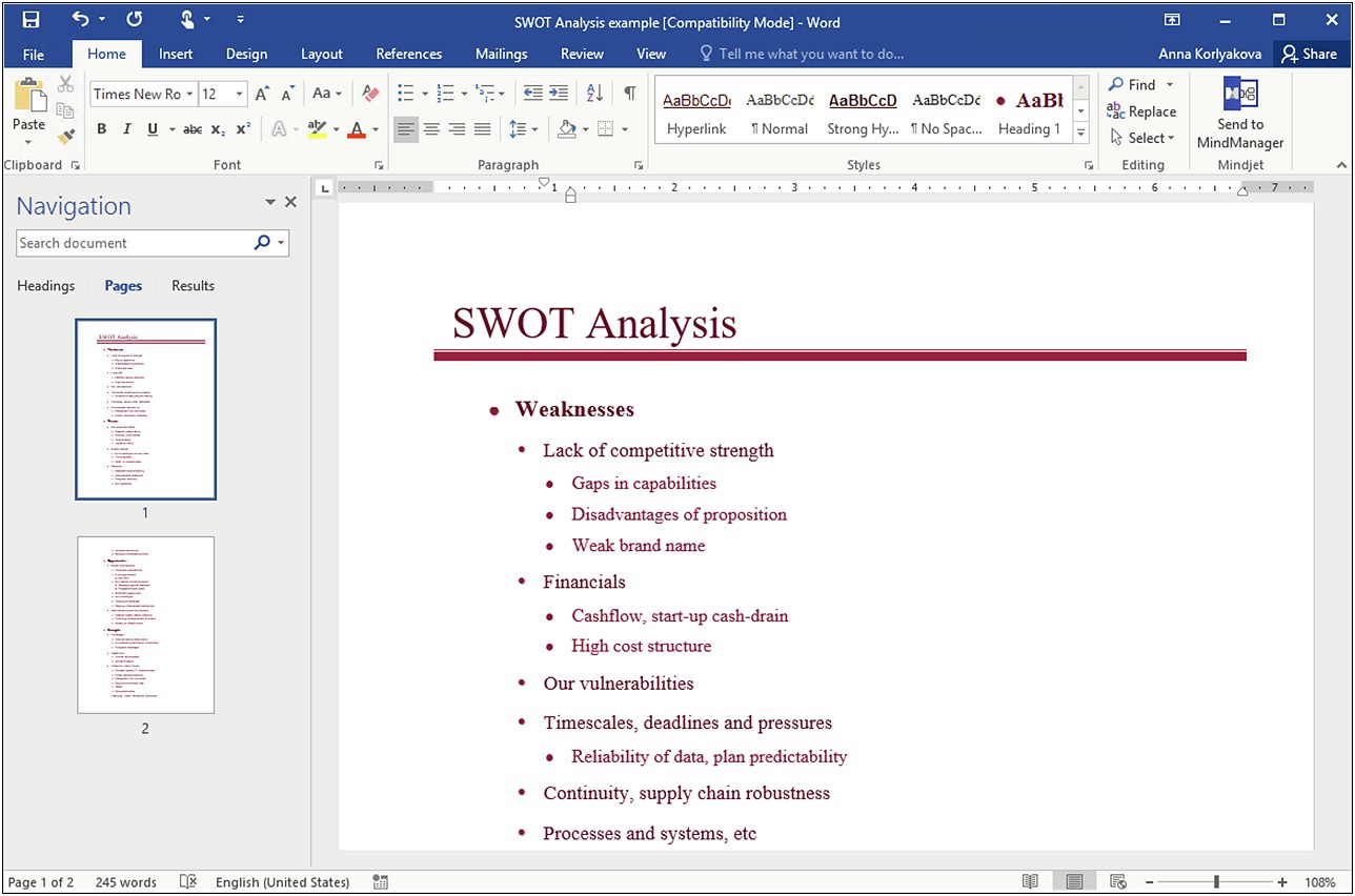 Swot Analysis Template French Version In Ms Word