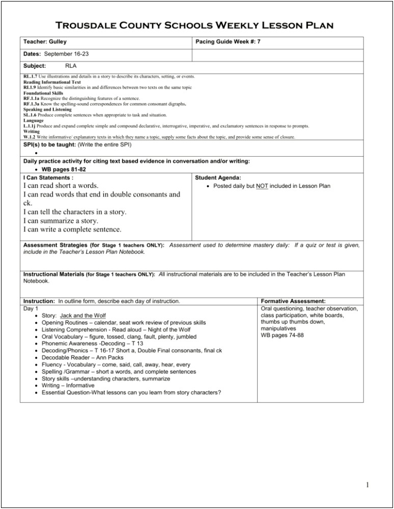 T Tess Observation Lesson Plan Template