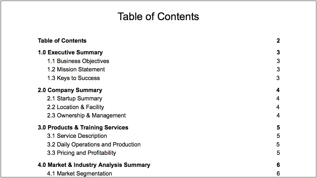 Table Of Contents For A Business Plan Templates