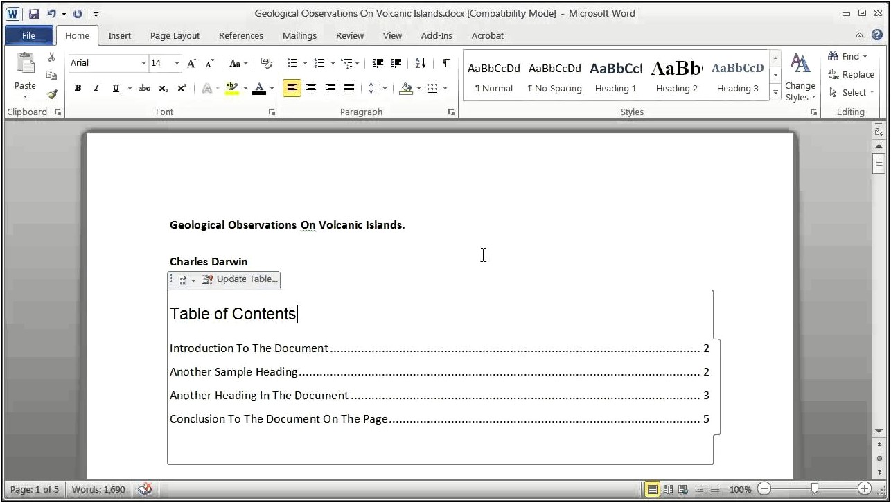 Table Of Contents Template Word Document