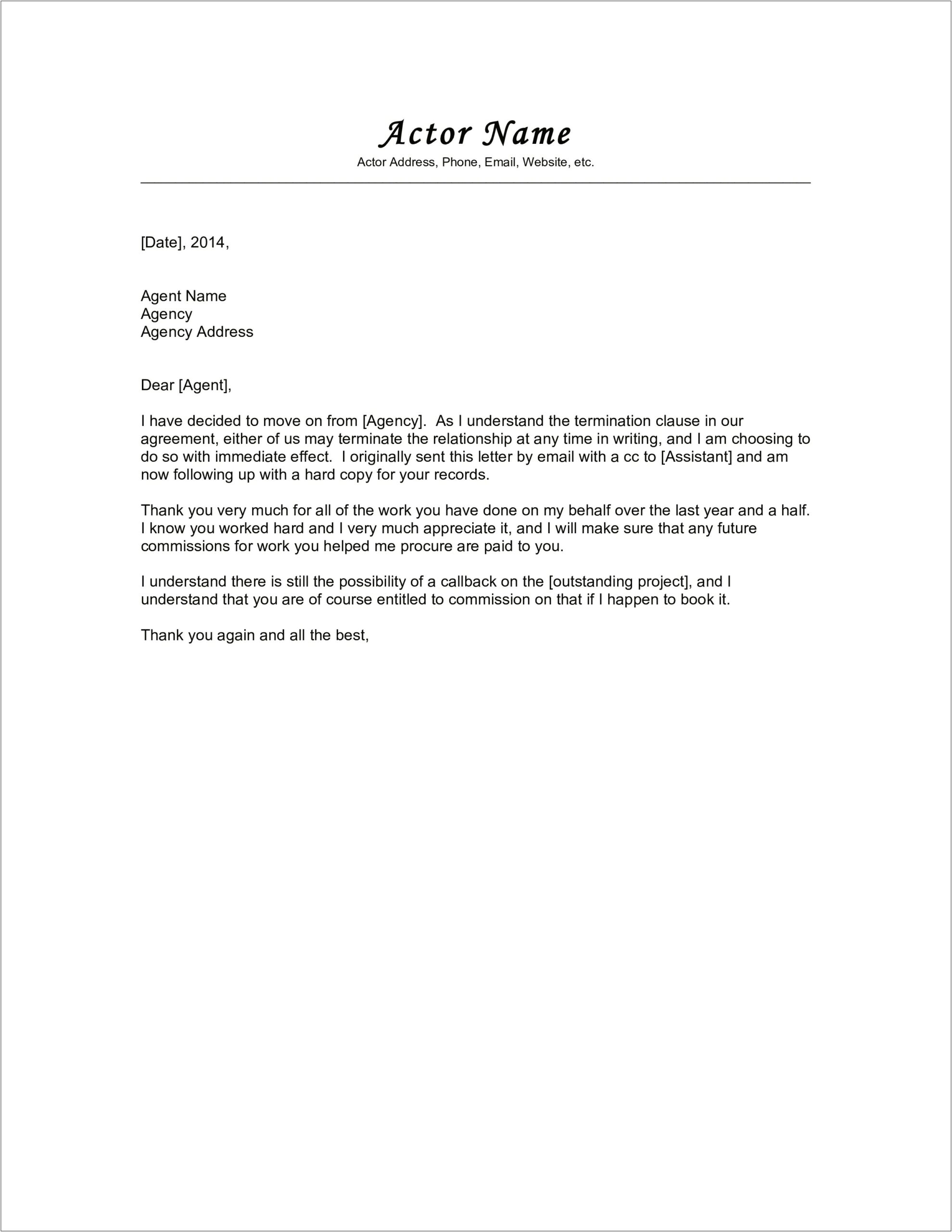 Talent Agency Contract Termination Letter Template