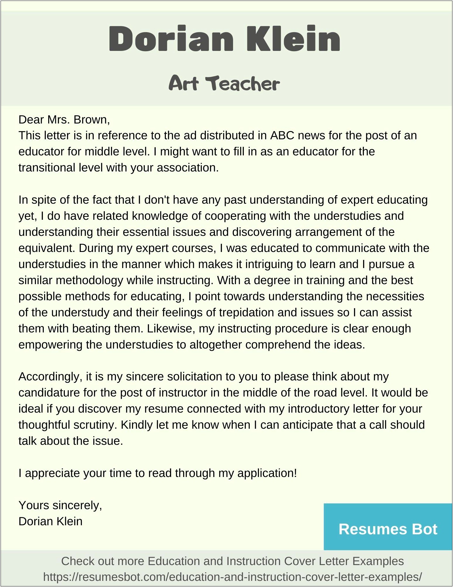 Teacher Cover Letter No Experience Template