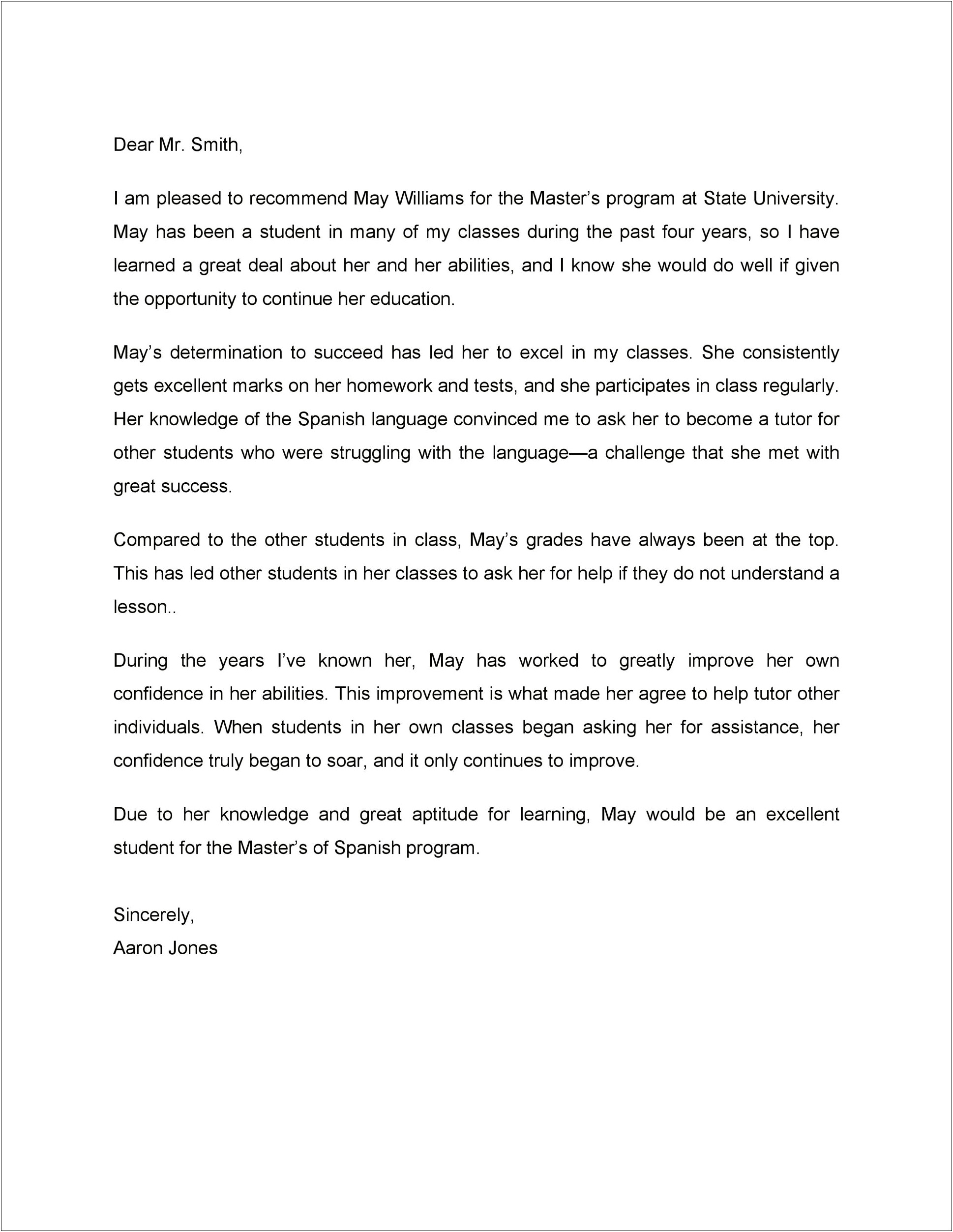 Teacher Letter Of Recommendation For Student Template