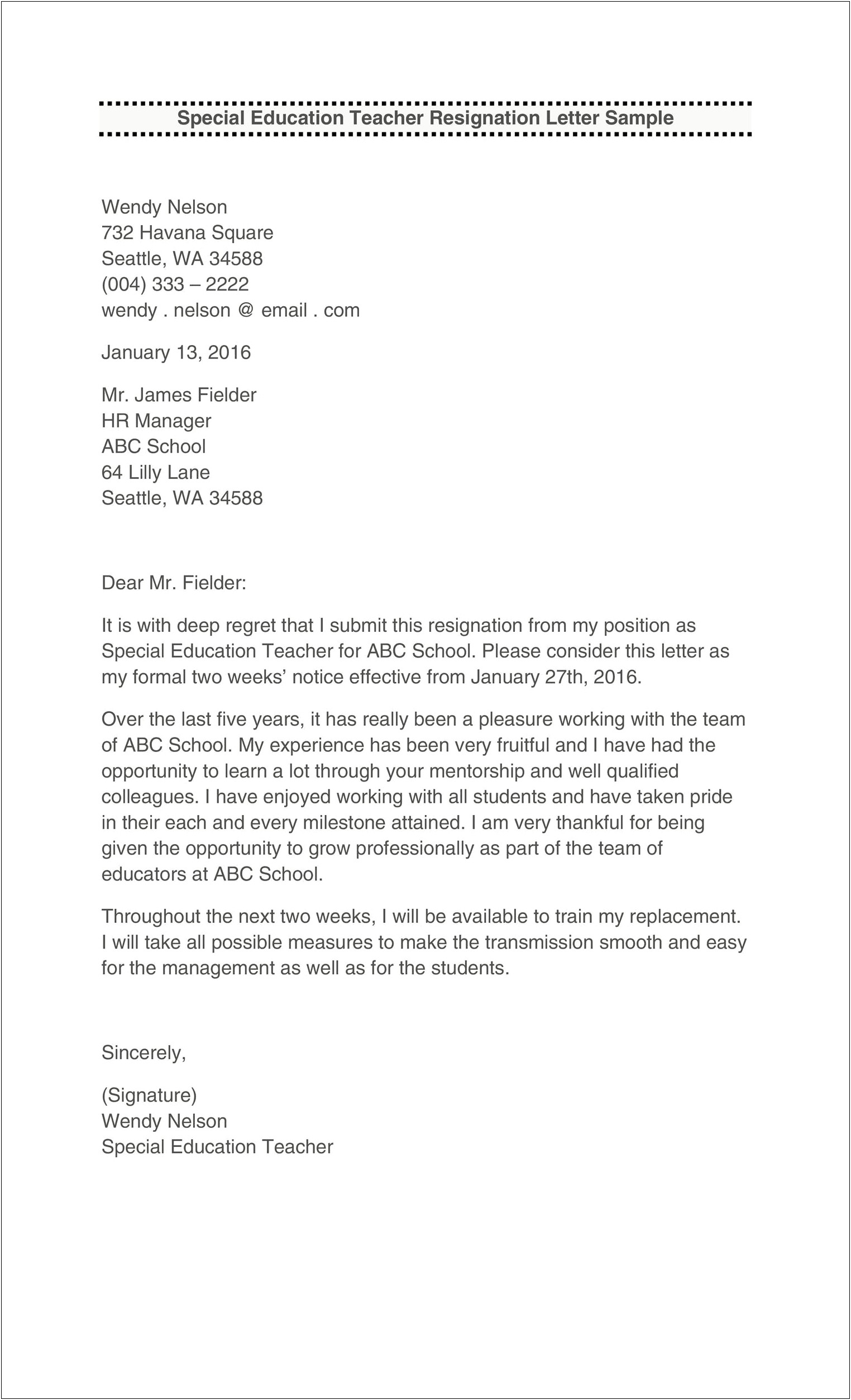 Teacher Letter Of Resignation Template Uk