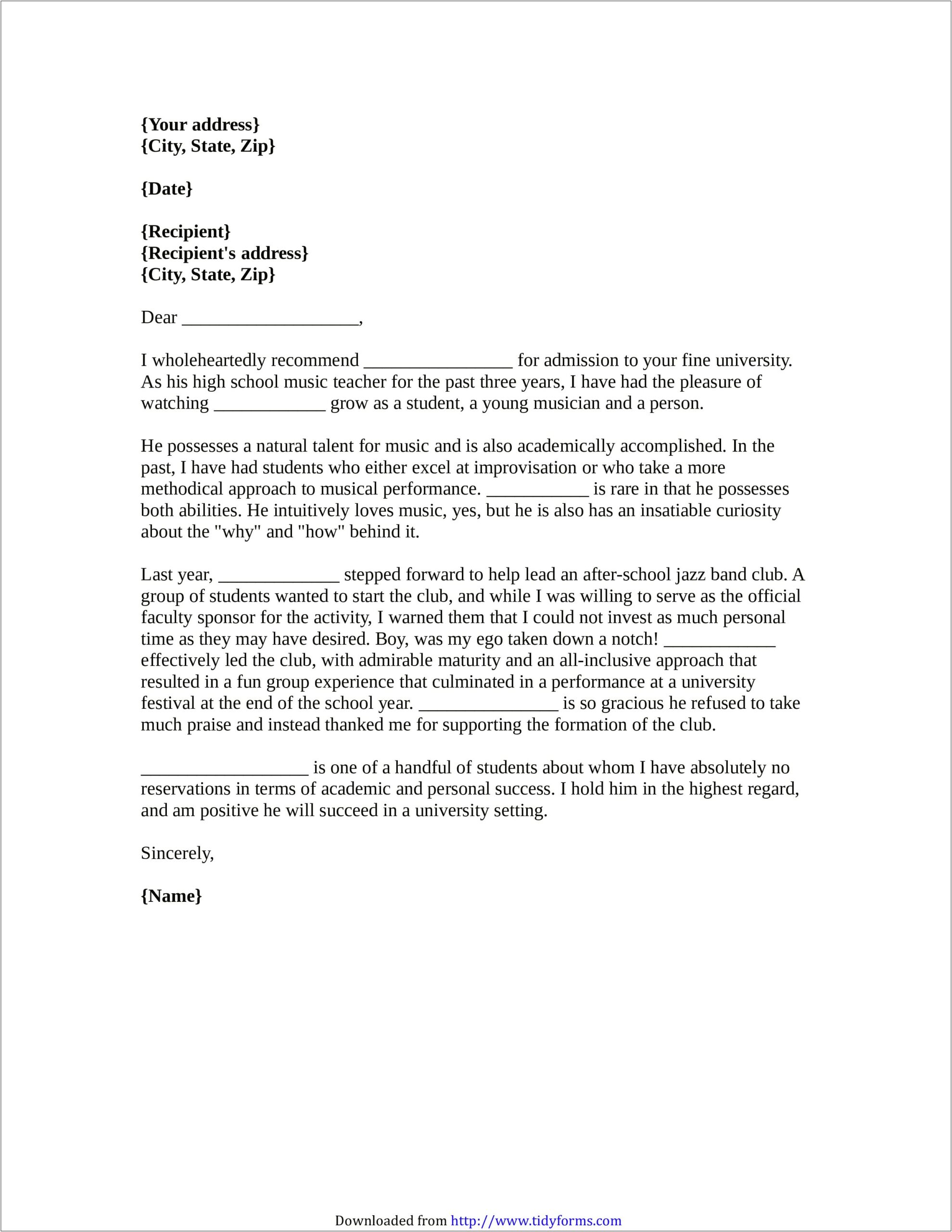 Teacher Recommendation Letter For College Template