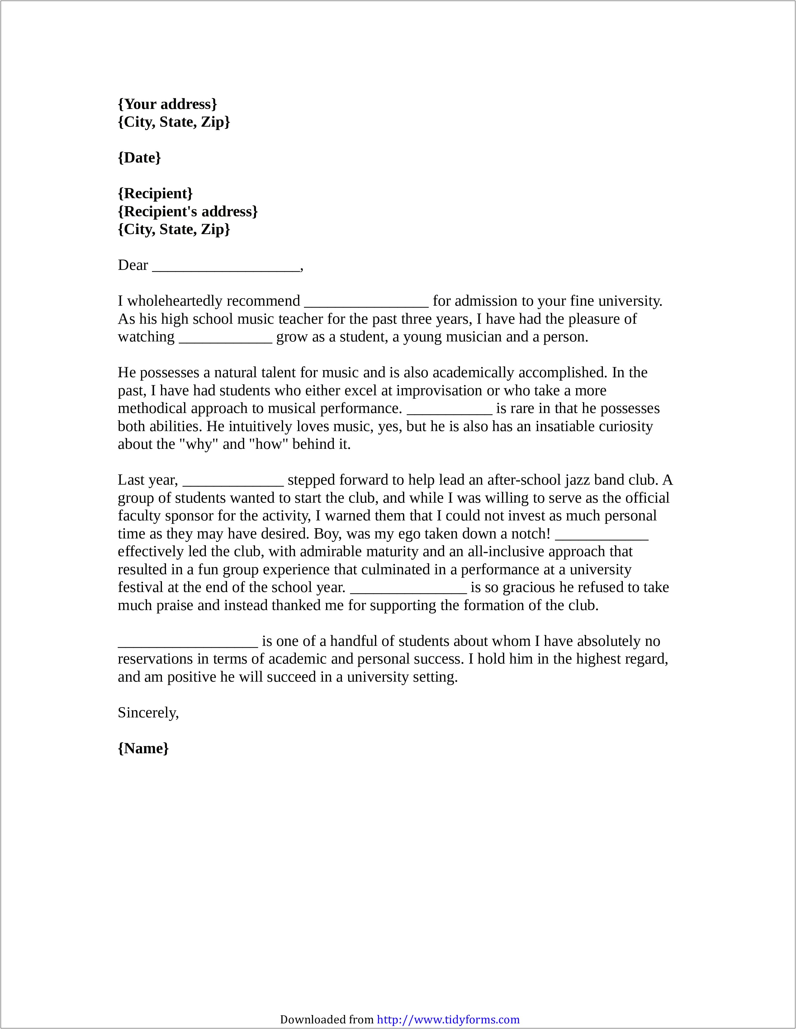 Teacher Recommendation Letter For College Template