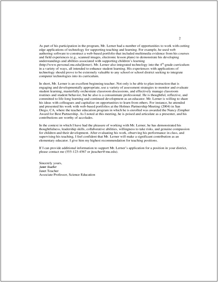 Teacher Recommendation Letter Template For Another Teacher