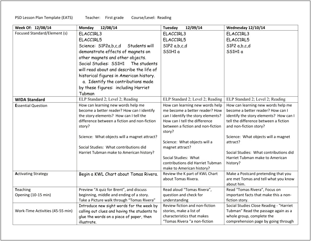 Teacher's Lesson Plans Template For 1st Grade