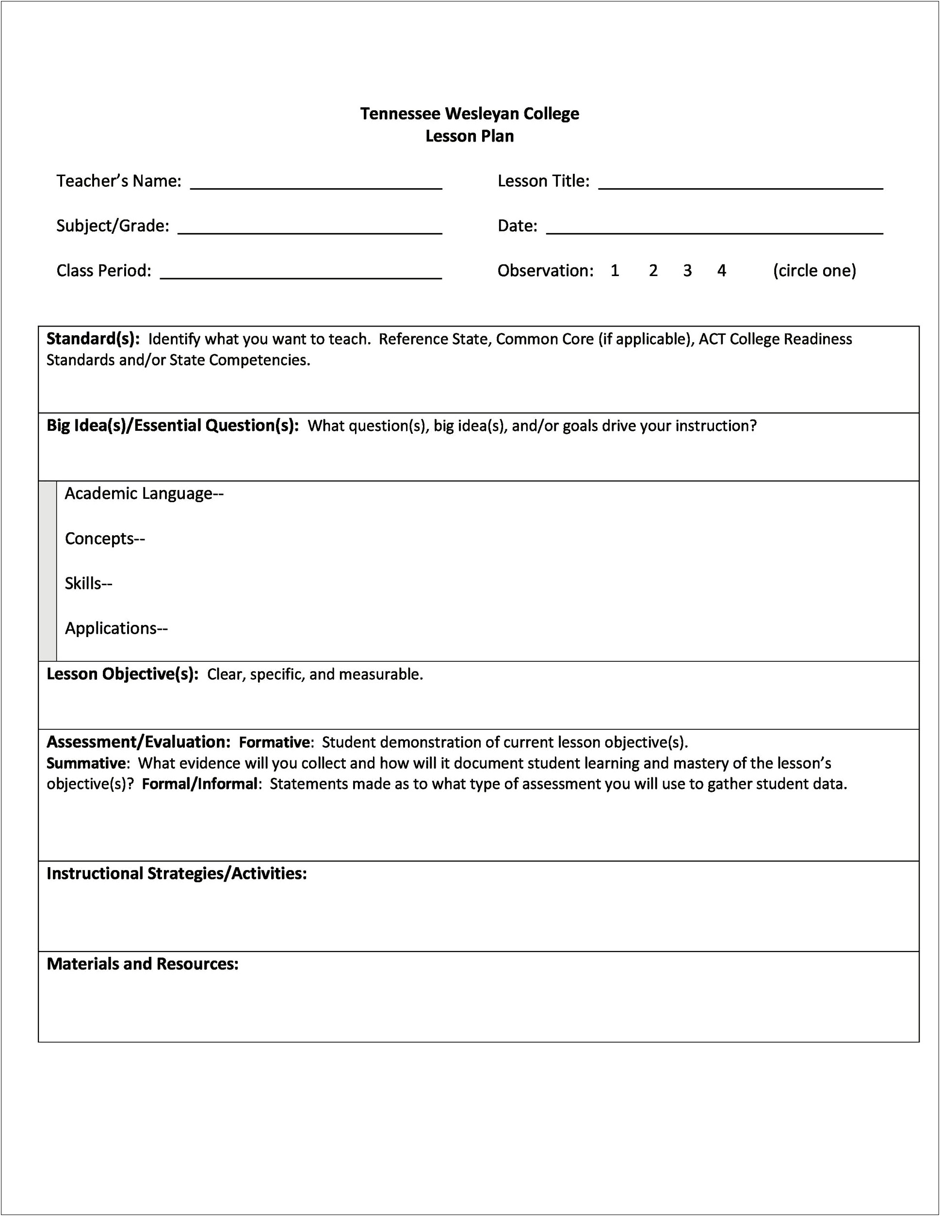 Teaching Preschool Formal Lesson Plan Template