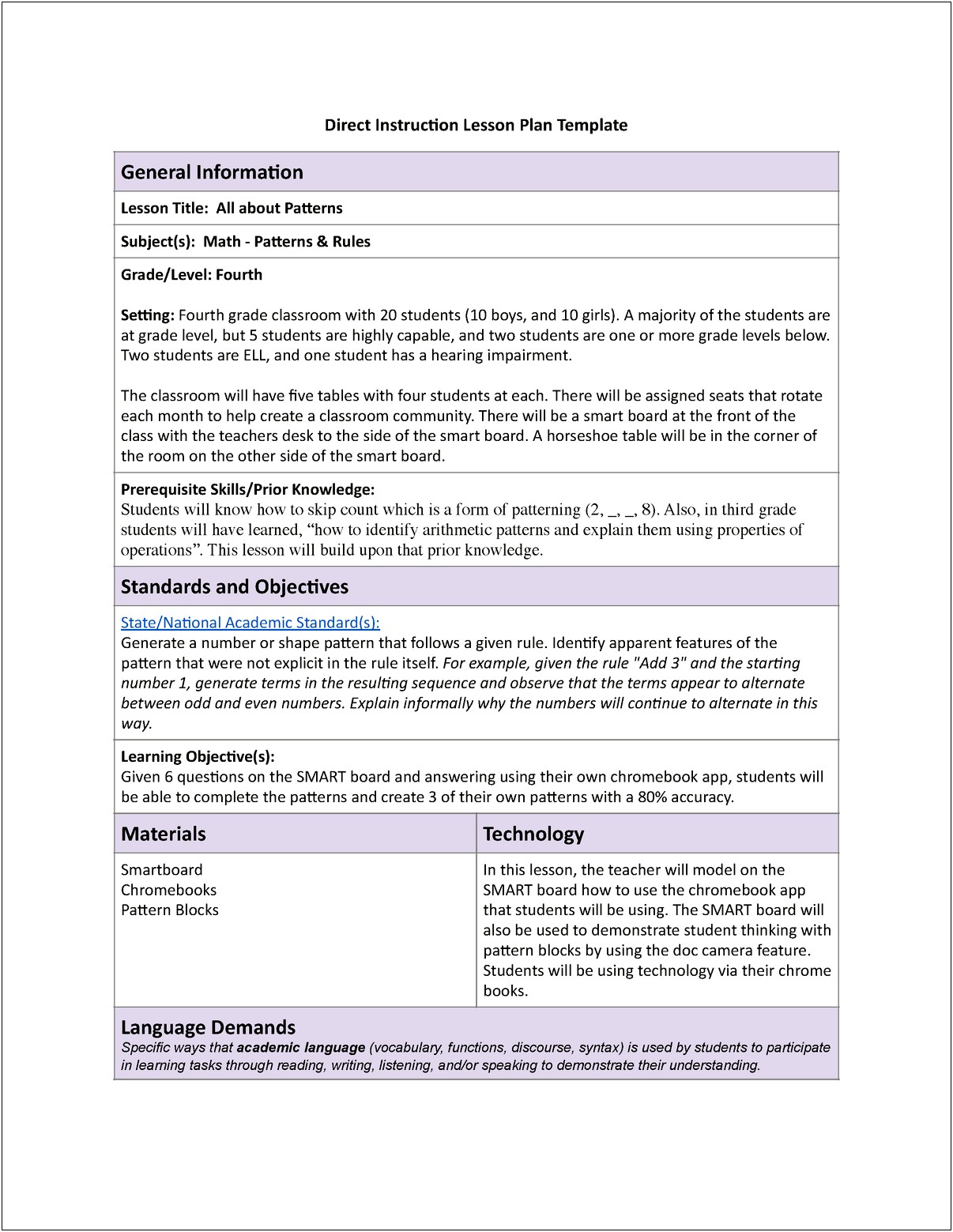 Tech Class Lesson Plan Blank Template