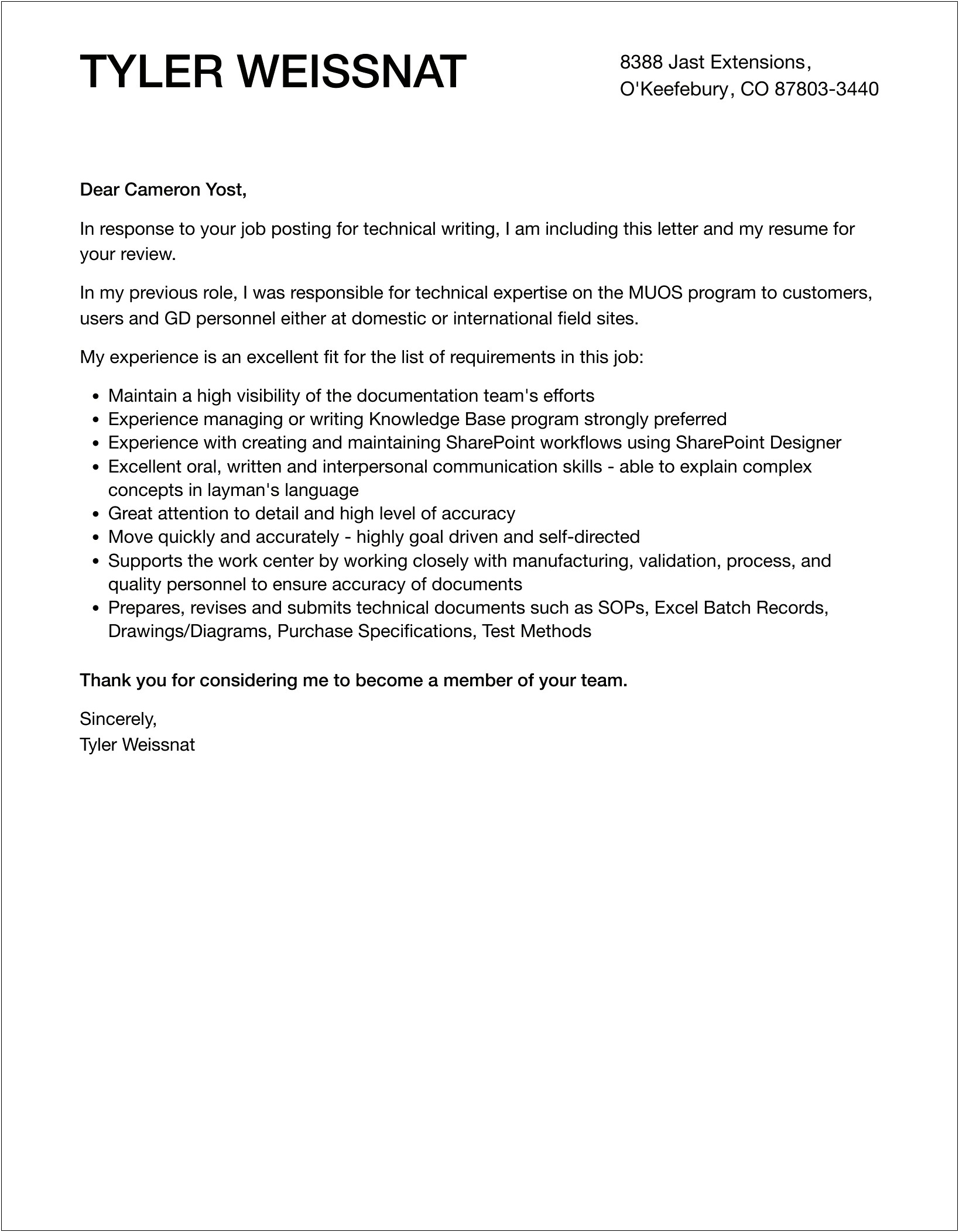 Technical Writing Template For Cover Letter