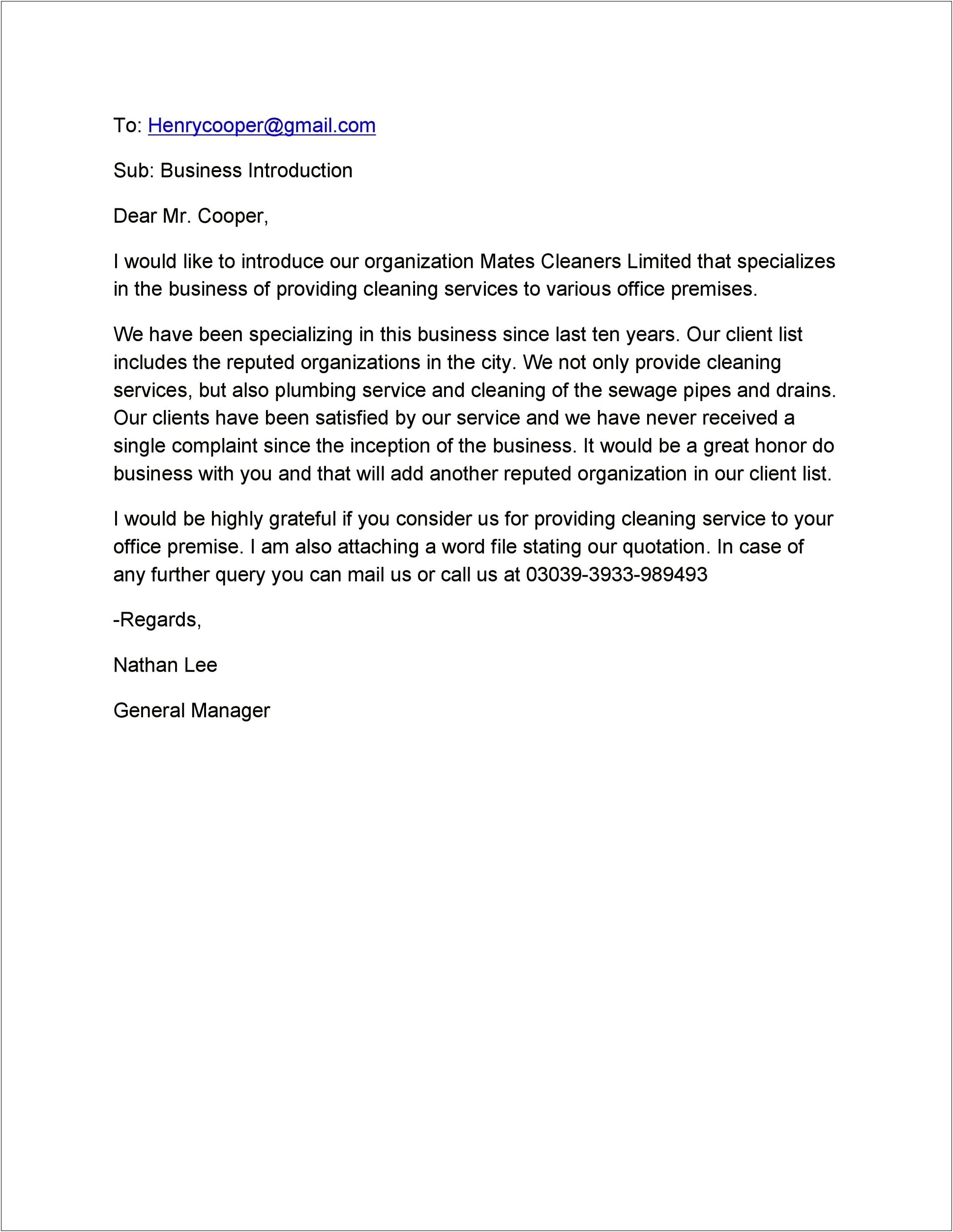 Template For A Business Introduction Letter