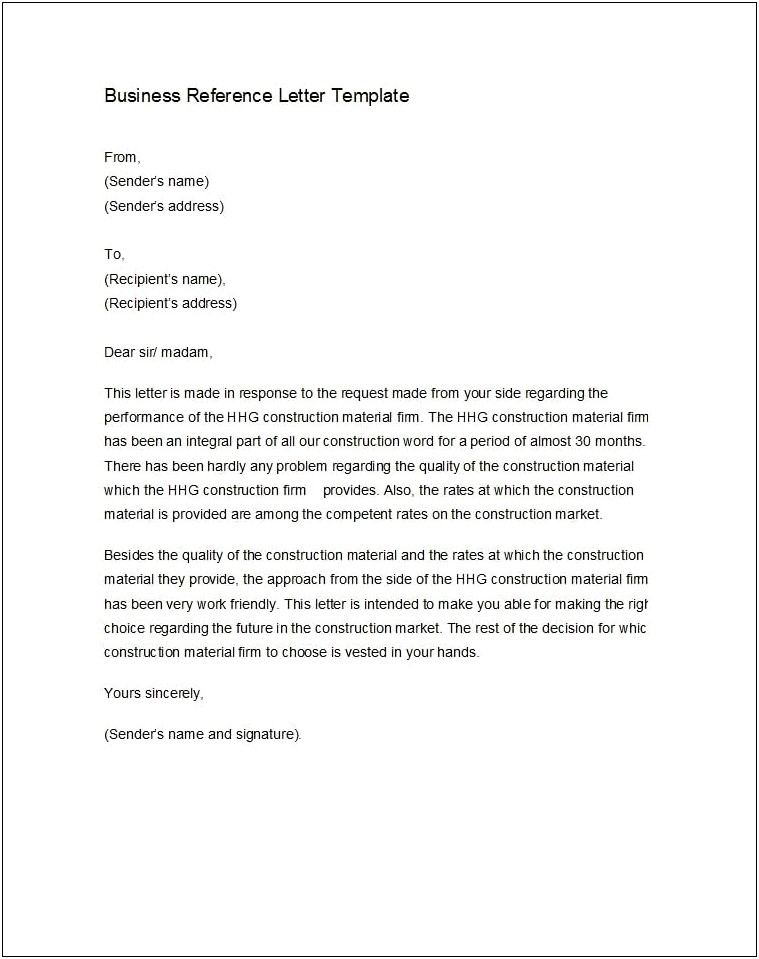 Template For A Business Reference Letter