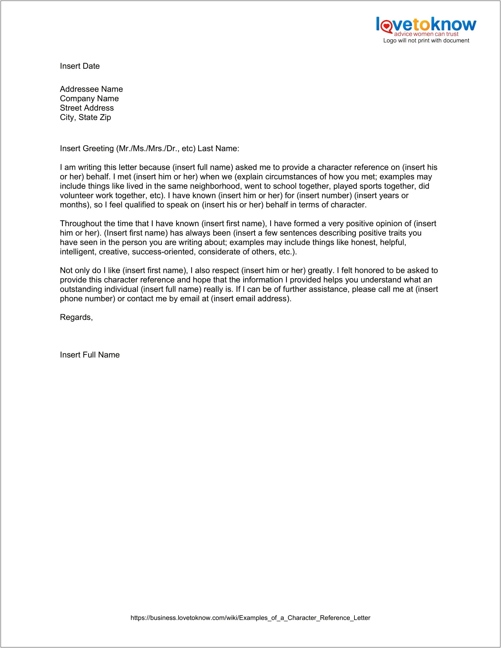 Template For A Personal Letter Of Recommendation