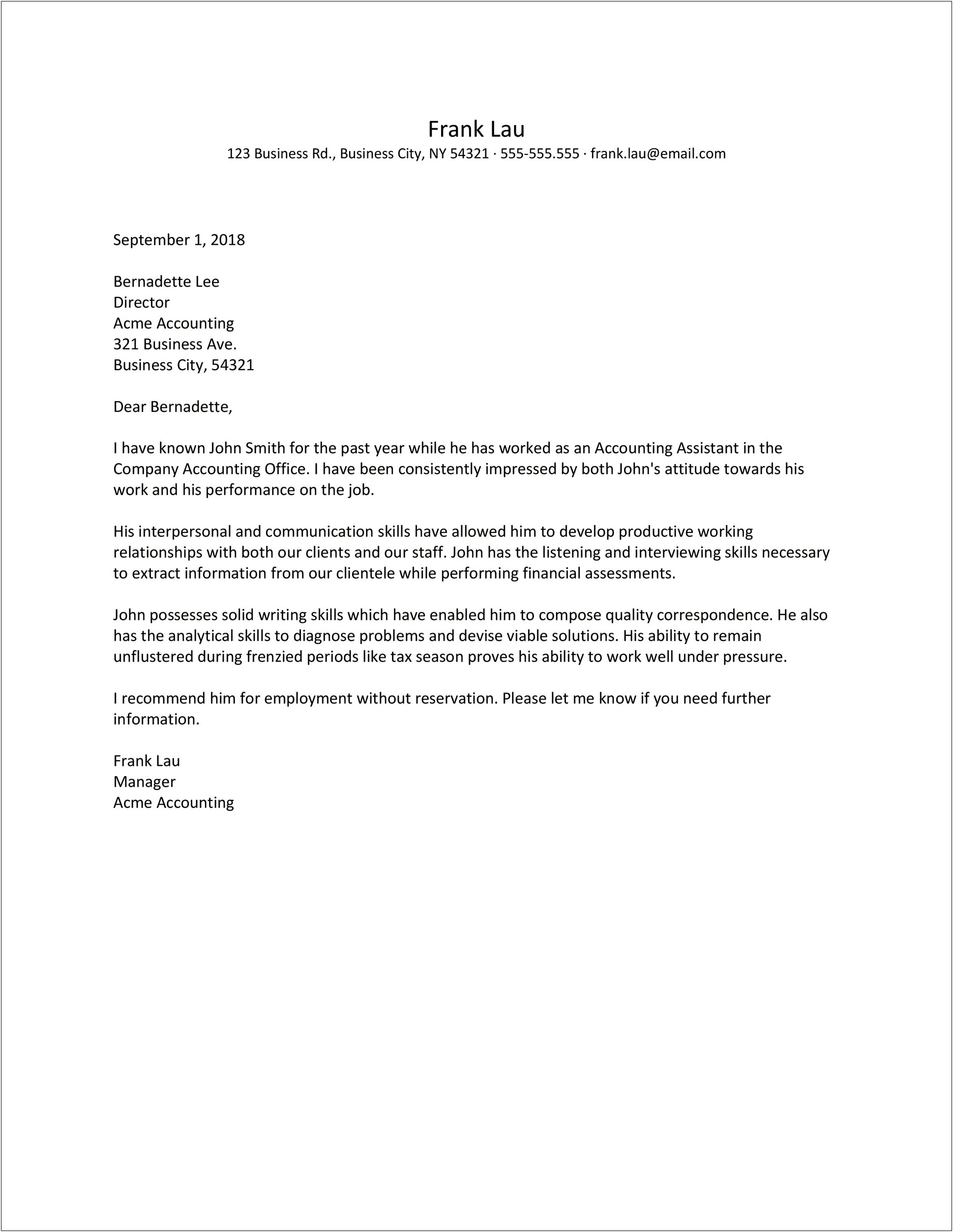 Template For A Professional Recommendation Letter