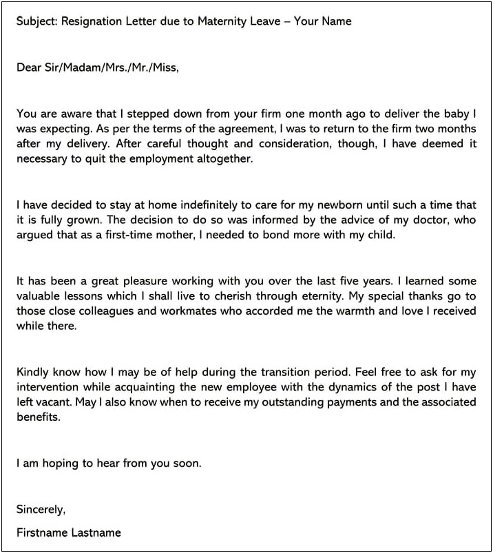 Template For A Resignation Letter After Maternity Leave