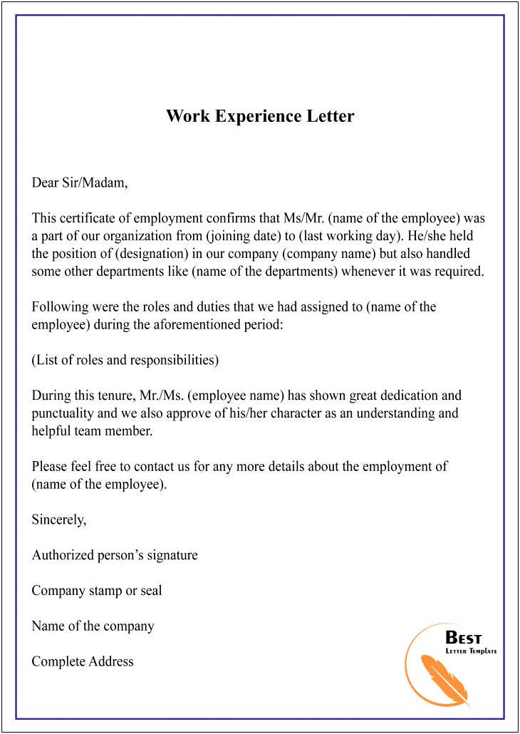 Template For A Work Experience Letter