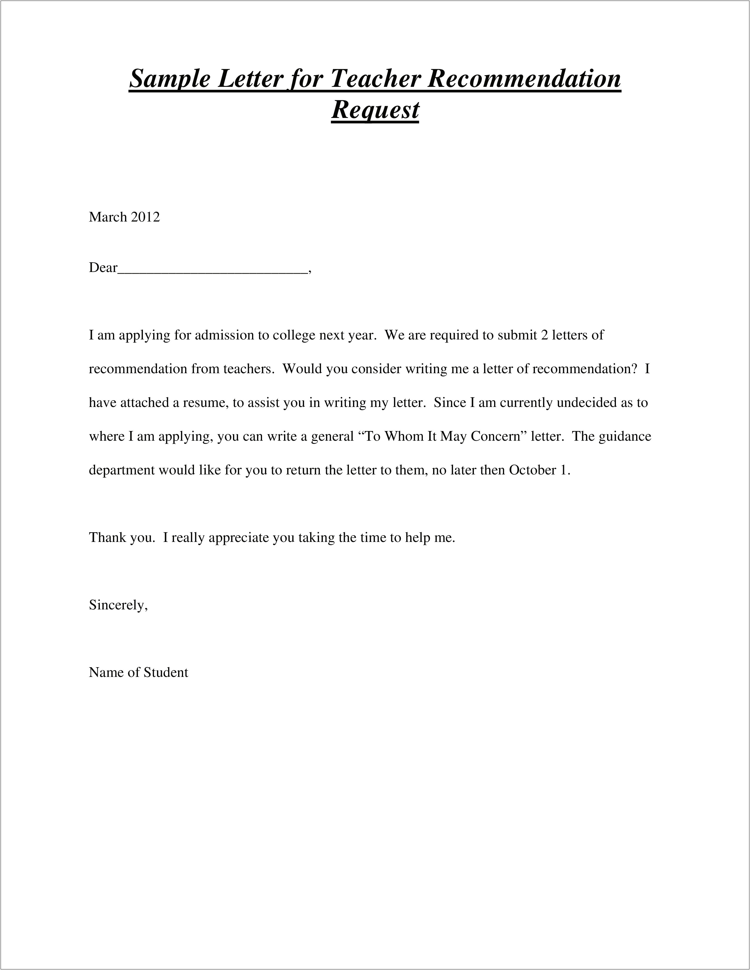 Template For Asking For Letter Of Recommendation