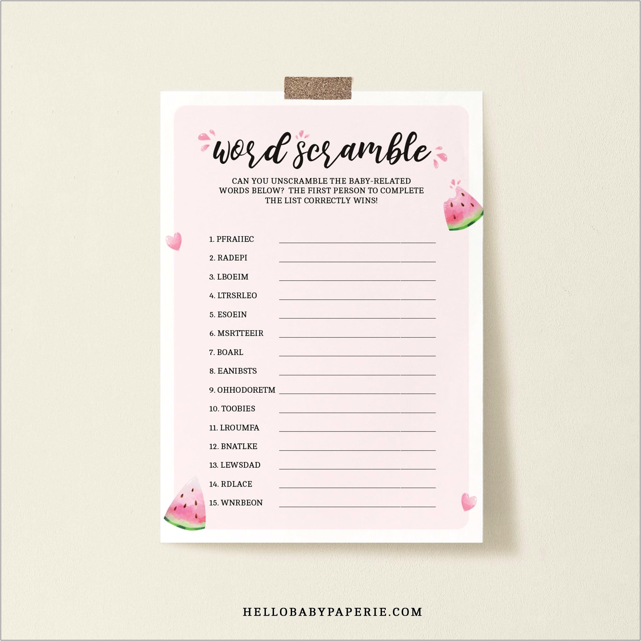 Template For Baby Shower Word Scramble