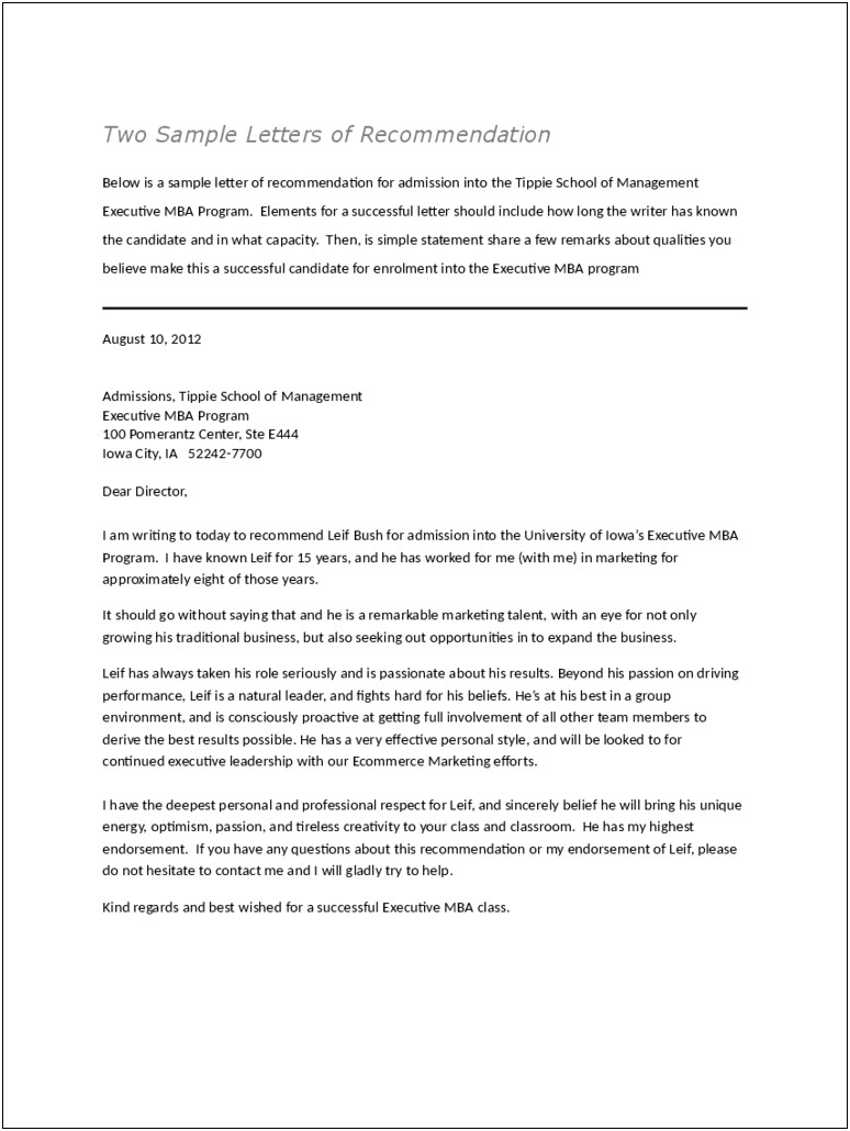 Template For Business Letter Of Recommendation