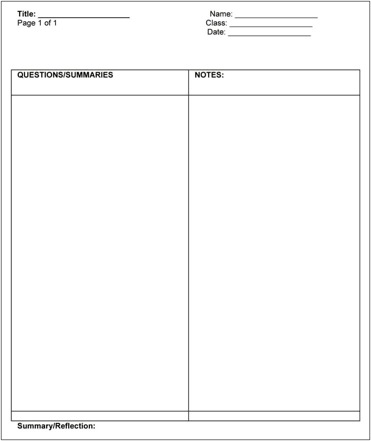 Template For Cornell Style Notes Word